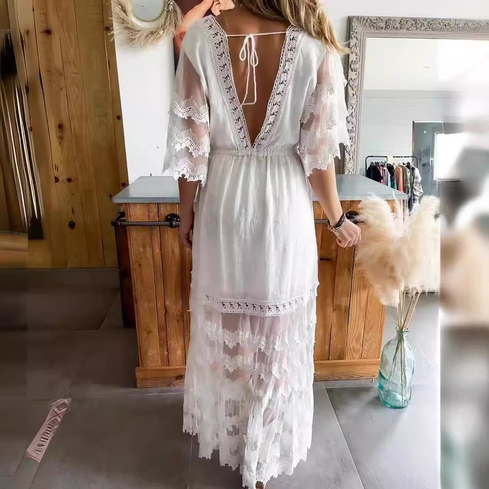 V-neck Lace Stitching Bohemian Style Dress