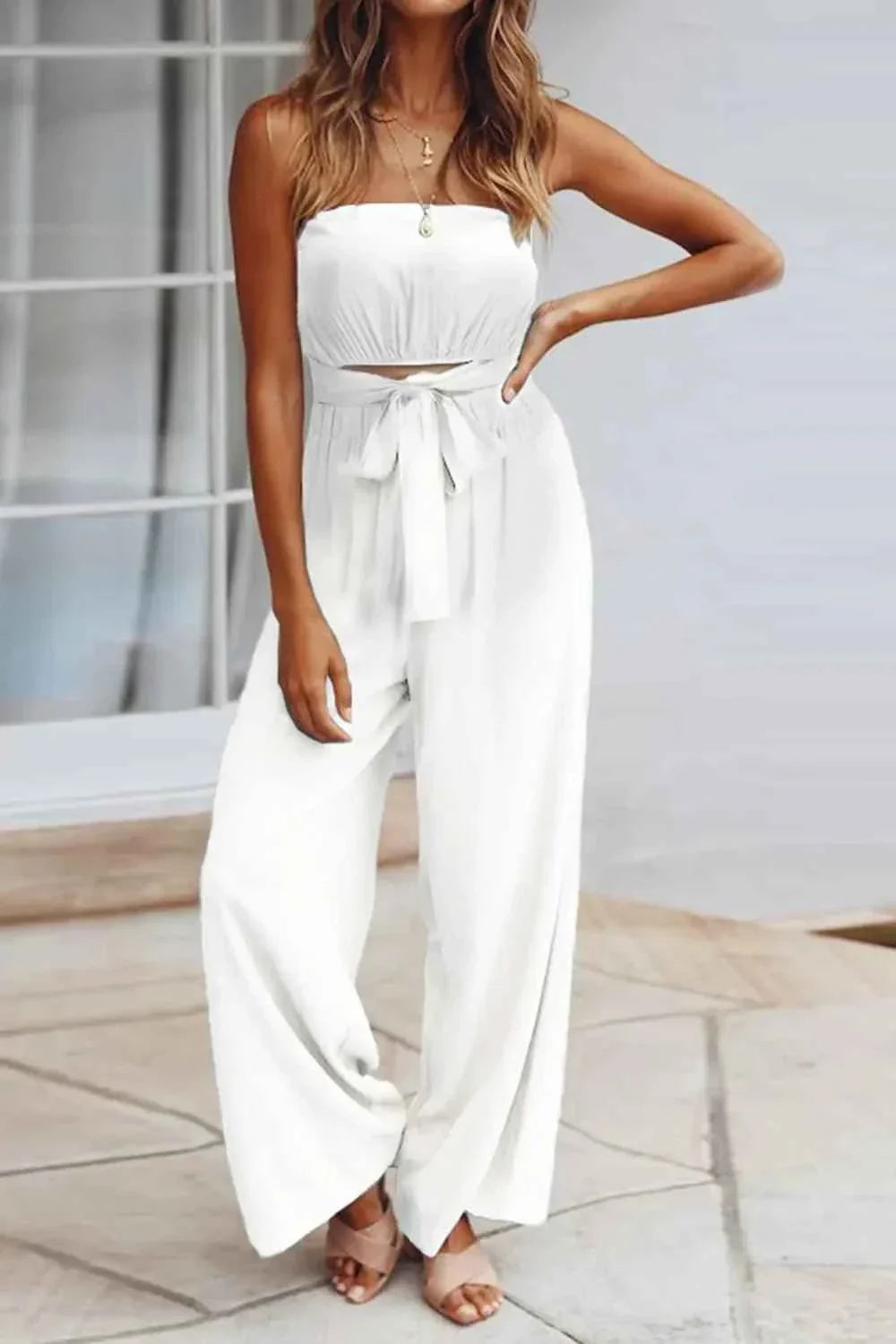 Tied Cutout Tube : Wide Leg Jumpsuit