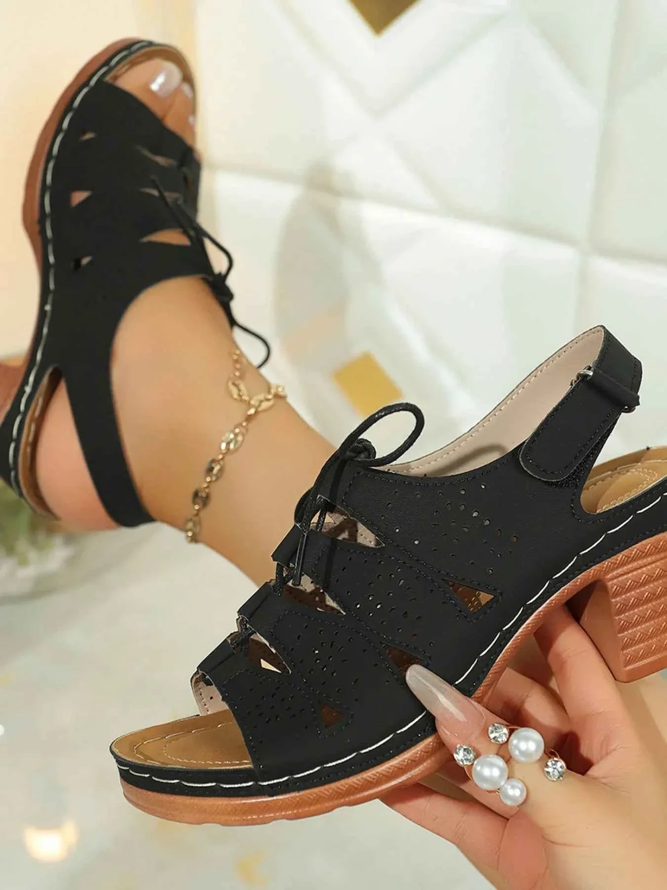 Elegant Block : Heel Sandals With Laces