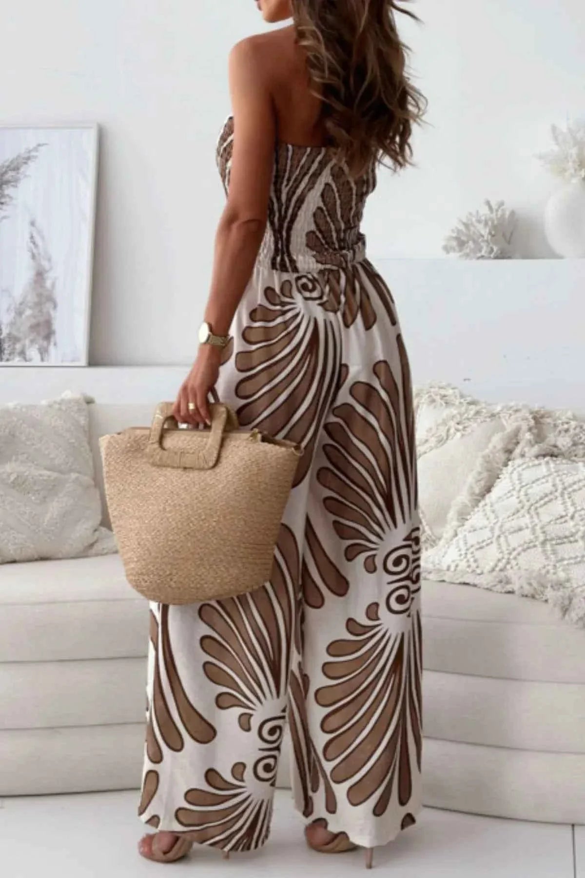 Printed Smocked : Tube Wide Leg Jumpsuit