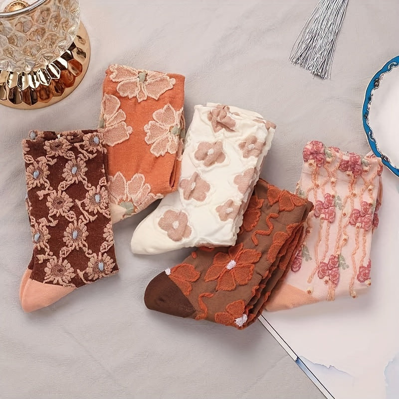 5 Pairs Floral Print Socks, Comfy & Breathable Mid Tube Socks, Women's Stockings & Hosiery