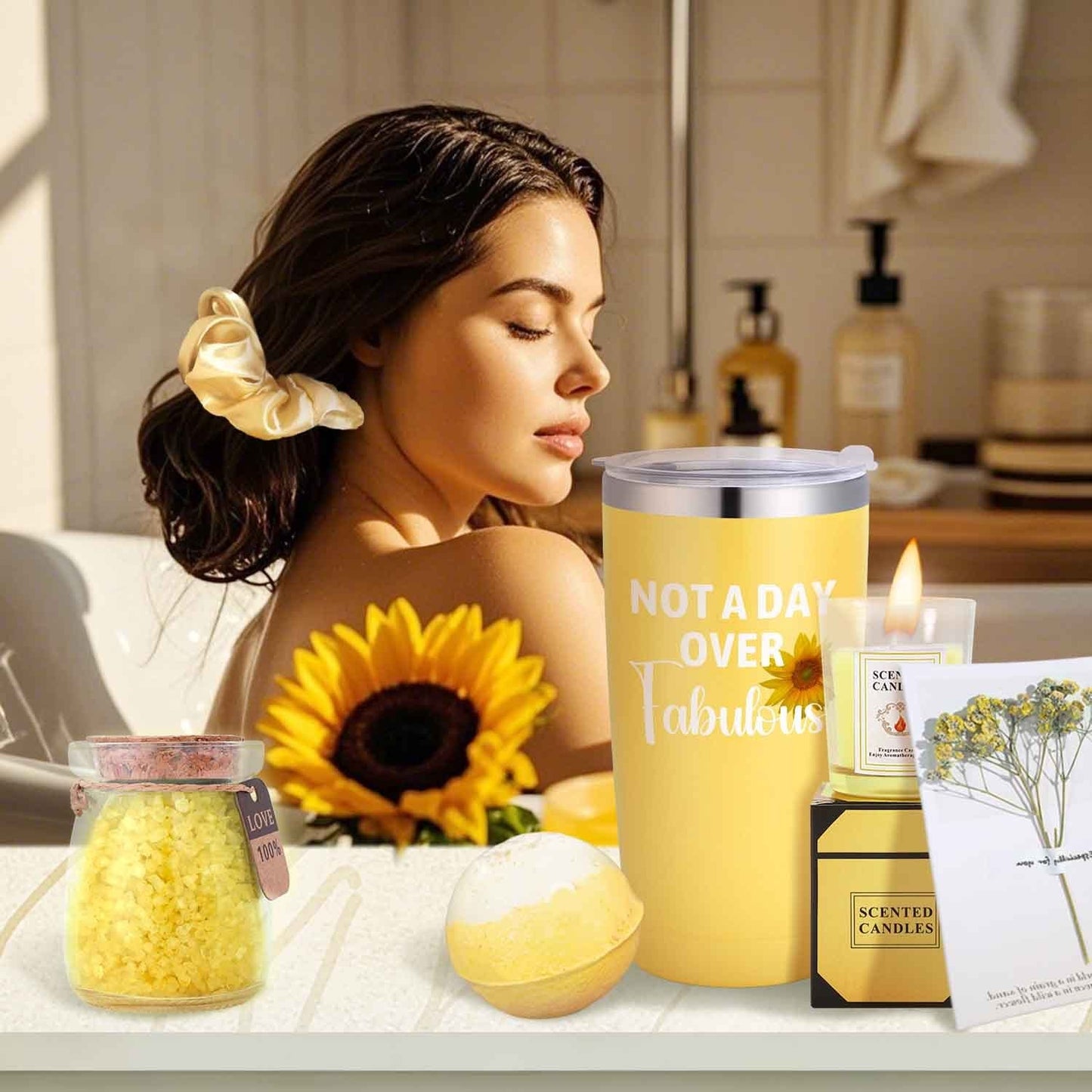 8pcs Fabulous Yellow Gift Set for Women - Includes Insulated Tumbler, Greeting Card, Hair Tie, Scented Candle, Bath Salts, Bath Bomb, Soap, and Elegant Gift Box - Perfect for Christmas & Thanksgiving, Gift Set, Scented Candle