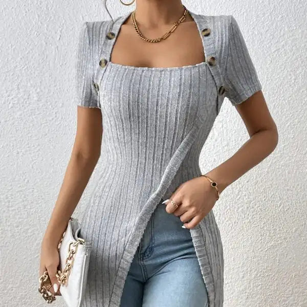 Ladies' Versatile Solid Color Elegant Style Square Neck Button Detail Wrapped Edge Slit Long T-shirt Top