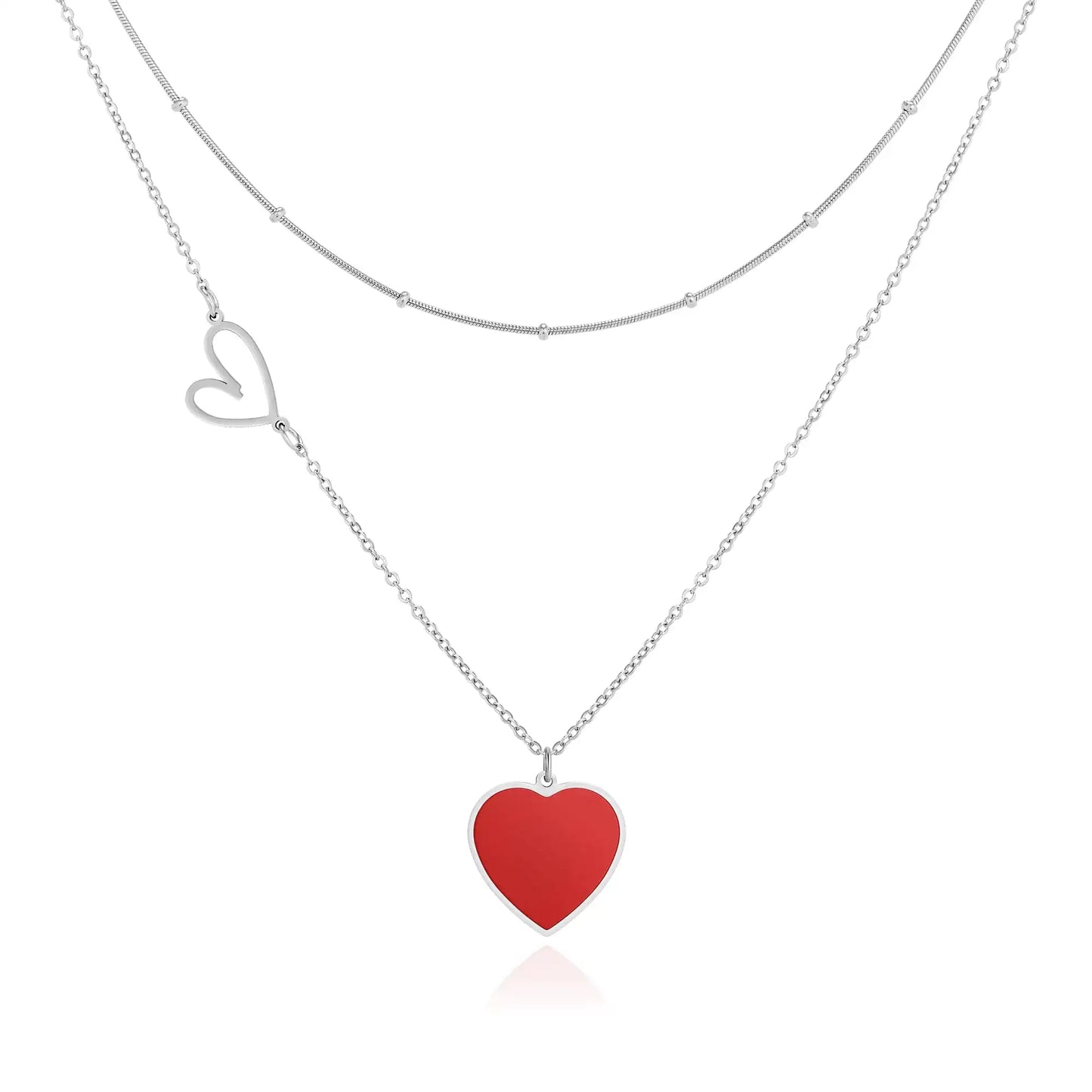 Linawe Silver Red Heart Pendant Necklace Layered Chain Choker Necklaces for Women Trendy Stainless Steel Stacked Necklaces Y2K Preppy Double Heart Jewelry Lover Necklace