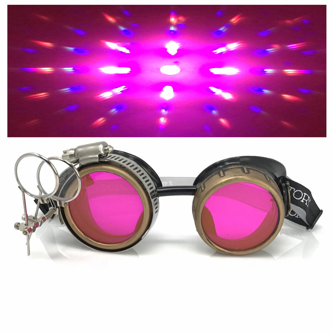 Steampunk Goggles with magnifying loupes UV glow neon pink prism diffraction lenses