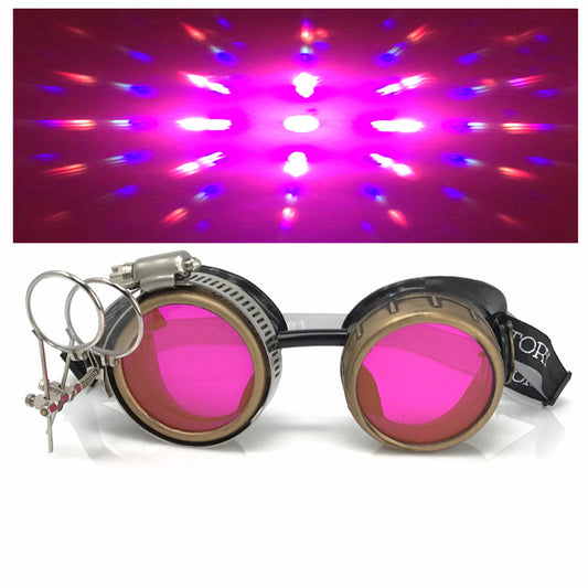 Steampunk Goggles with magnifying loupes UV glow neon pink prism diffraction lenses