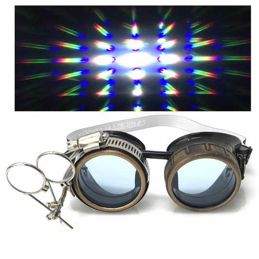 Steampunk Goggles with magnifying loupes UV glow neon blue prism diffraction lenses