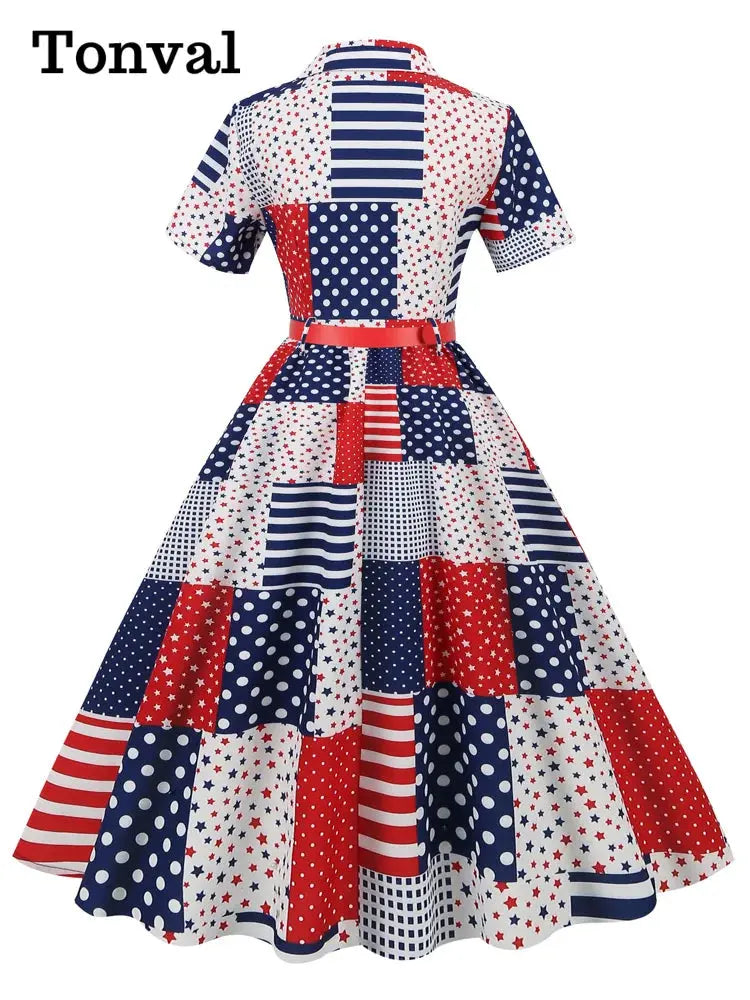 2024 Election American Flag Collar Button Up Star Print Women Short Sleeve Belted 50s 60s Pinup A-Line Vintage Dresses - Premium dresses from Lizard Vigilante - Just $31.99! Shop now at Lizard Vigilante