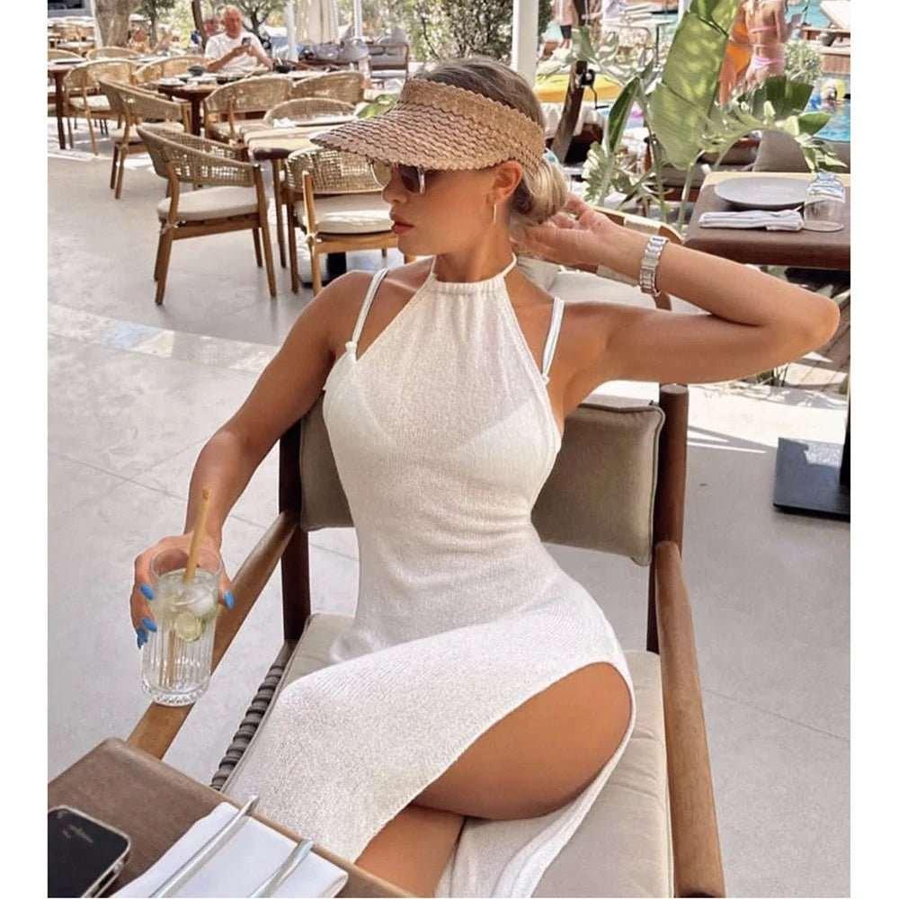 2024 Knitted Cover Up Beach See Through Maxi Slit Bodycon Clear Fabric Summer Dress Bikini Cover-ups Elegant Halter Beachdress - Premium swimwear from Lizard Vigilante - Just $34.88! Shop now at Lizard Vigilante