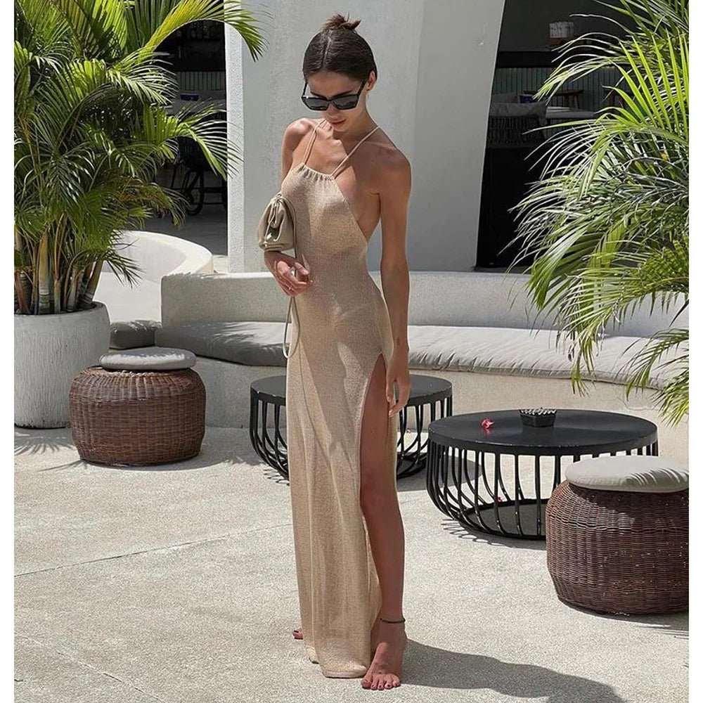 2024 Knitted Cover Up Beach See Through Maxi Slit Bodycon Summer Dress Bikini Cover-ups Elegant Halter Beachdress - Premium swimwear from Lizard Vigilante - Just $35.99! Shop now at Lizard Vigilante