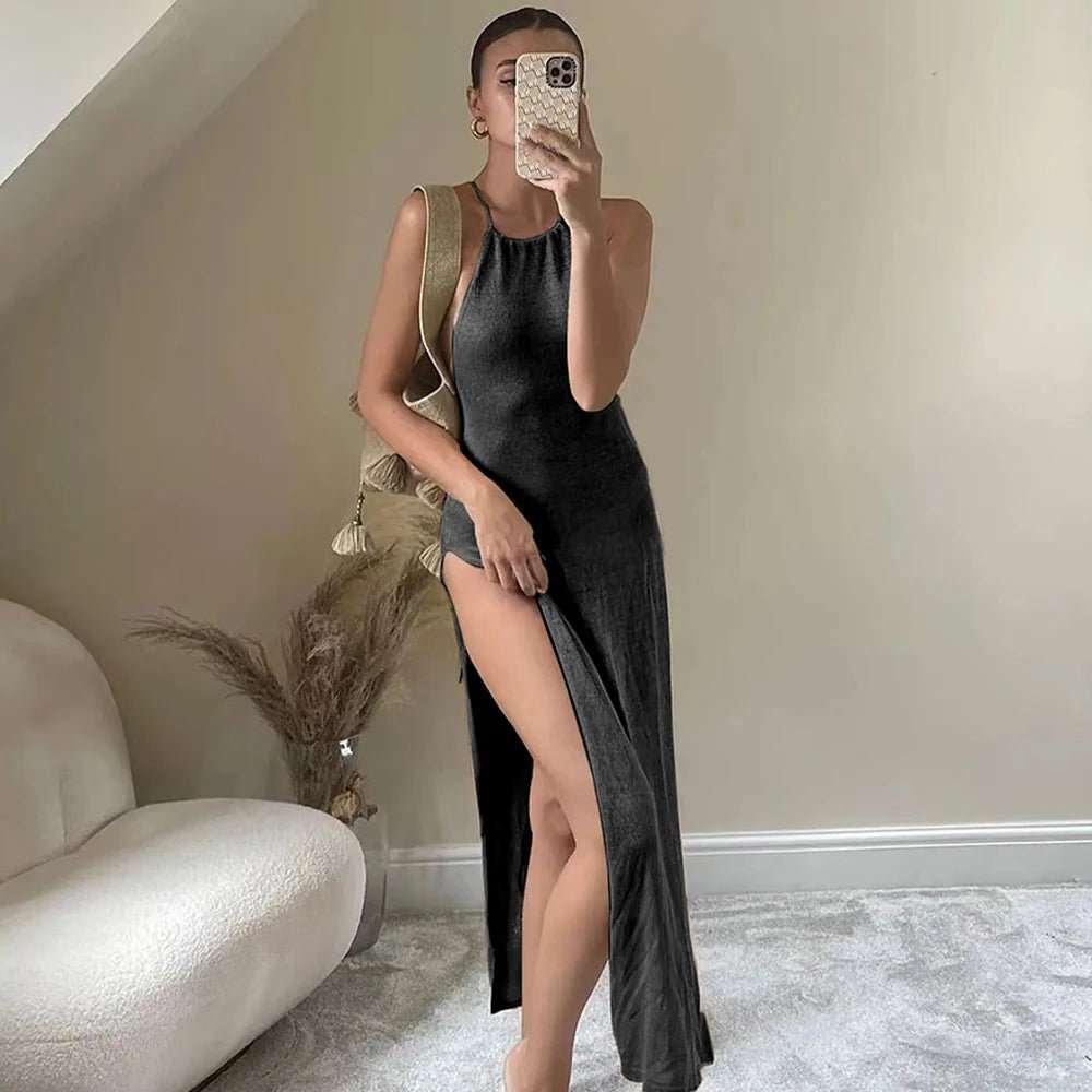 2024 Knitted Cover Up Beach See Through Maxi Slit Bodycon Clear Fabric Summer Dress Bikini Cover-ups Elegant Halter Beachdress - Premium swimwear from Lizard Vigilante - Just $34.88! Shop now at Lizard Vigilante