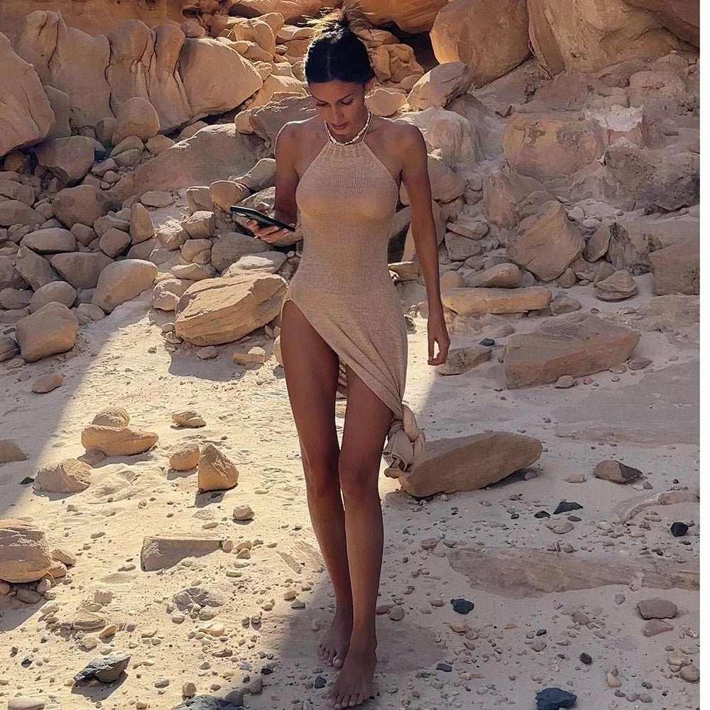 2024 Knitted Cover Up Beach See Through Maxi Slit Bodycon Clear Fabric Summer Dress Bikini Cover-ups Elegant Halter Beachdress - Premium swimwear from Lizard Vigilante - Just $34.88! Shop now at Lizard Vigilante