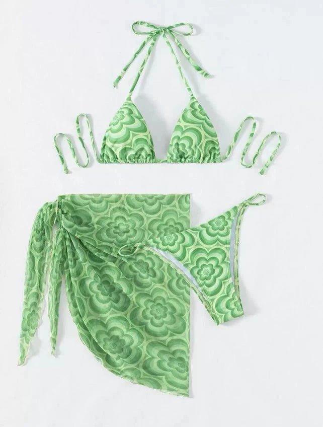 Three-Piece Swimsuit Print Swimwear European and American Lace-up Hanging Neck Bikini Set Slimming Swimsuit Bikini Cup A-E - Premium  from Lizard Vigilante - Just $23.99! Shop now at Lizard Vigilante