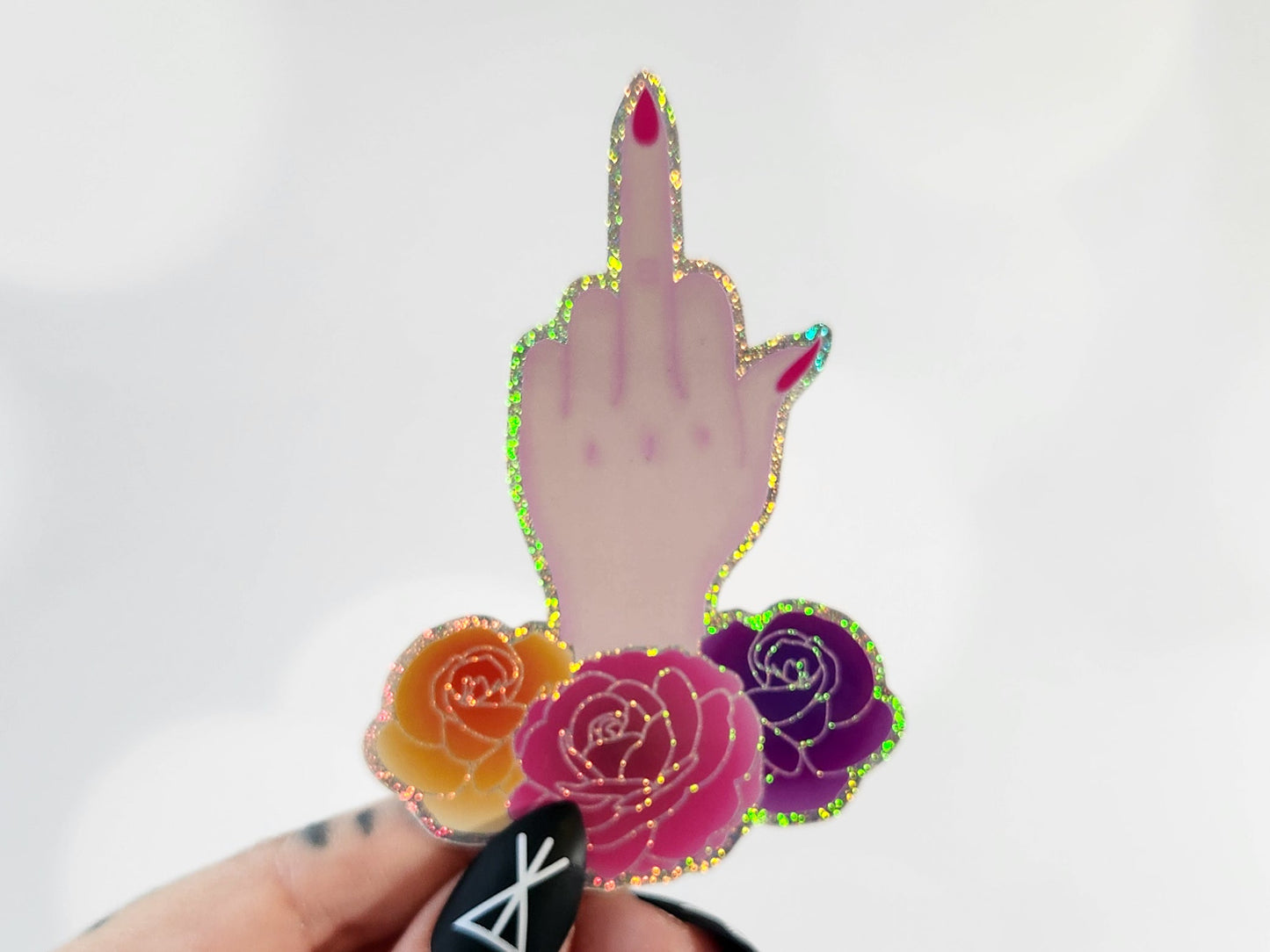 Female Middle Finger Holographic Sticker, 2x3 in.