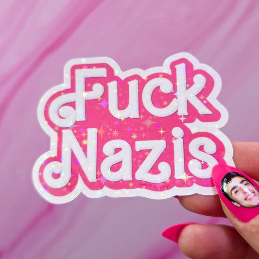 "Fuck Nazis" Barbie Sticker, 3 x 2.2 in.