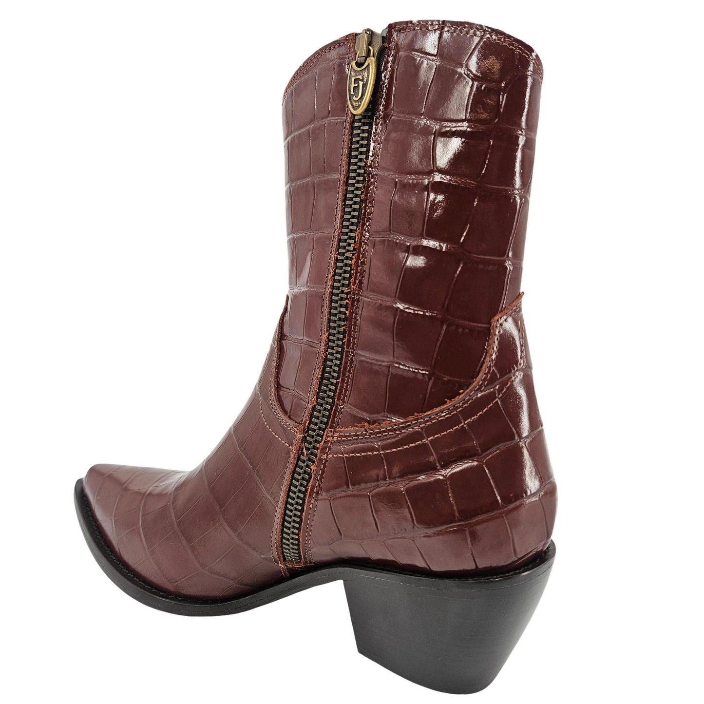 Chocolate Leather Croc Embossed Pointy  Ankle Boot