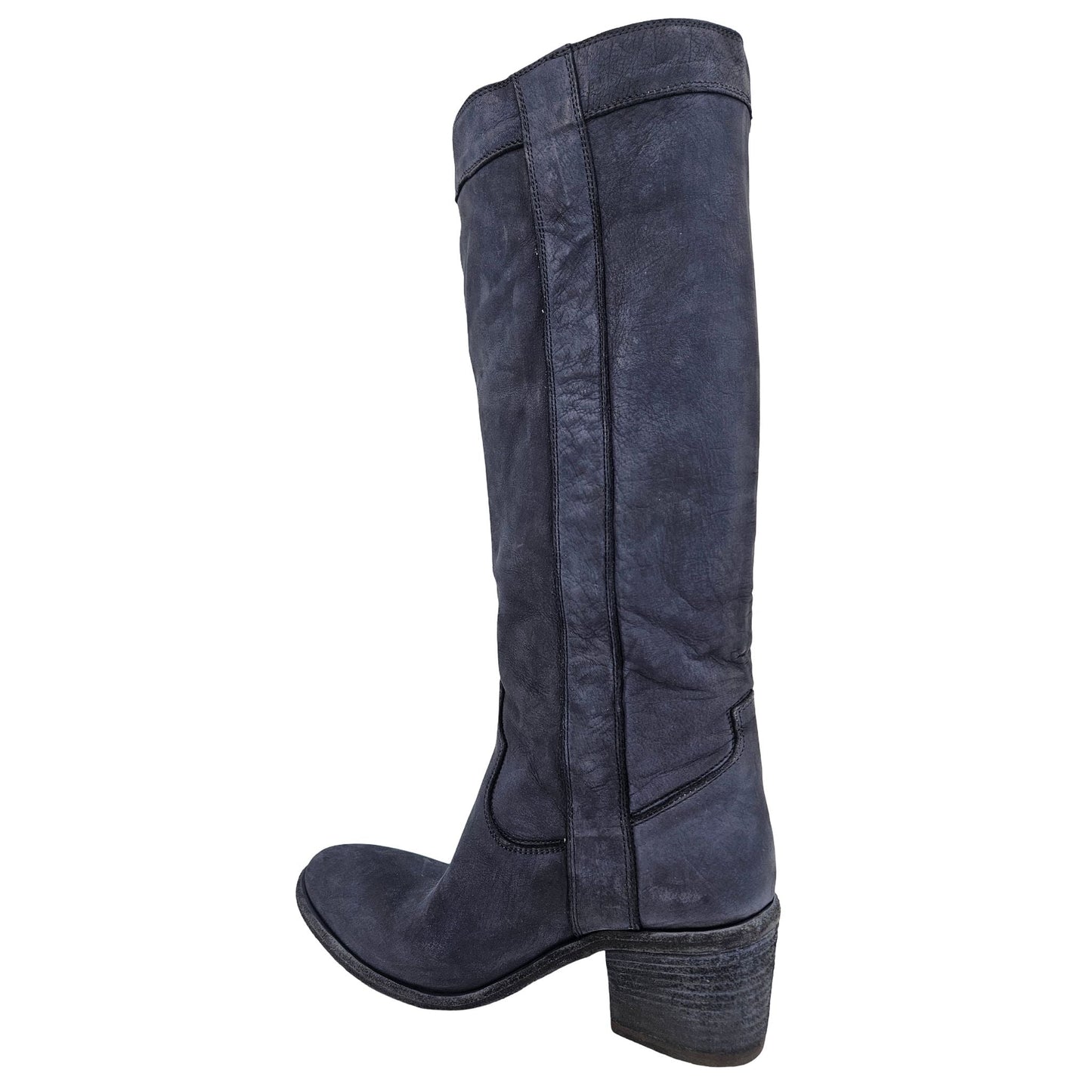 Navy Washed Leather Knee-High Pull-on Boot