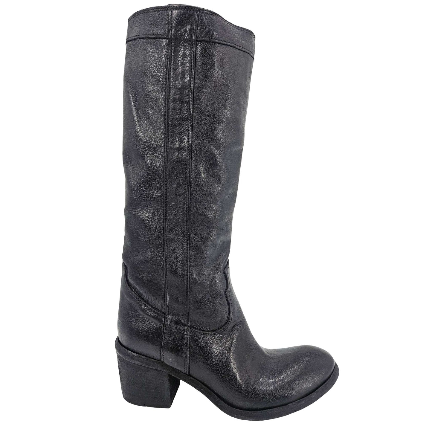 Black Leather Knee-High Pull-on Boot