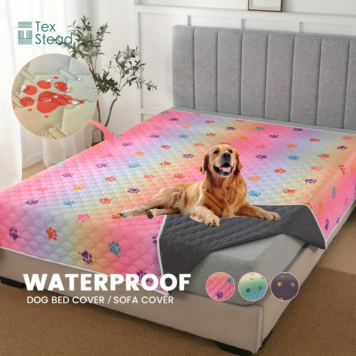 Ultimate Reversible Dog Bed Cover - Waterproof, Washable, Reusable Camping Mat with Geometric Embroidery Blanket, Rainbow Dog Paw Design, Easy to Clean and Durable for Indoor and Outdoor Use
