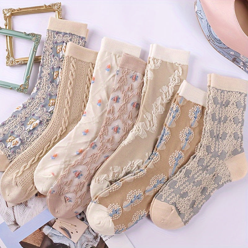9-Pair Elegant Floral Print Mid-Tube Socks - Soft & Breathable Fabric - Perfect for Casual & Dressy Occasions