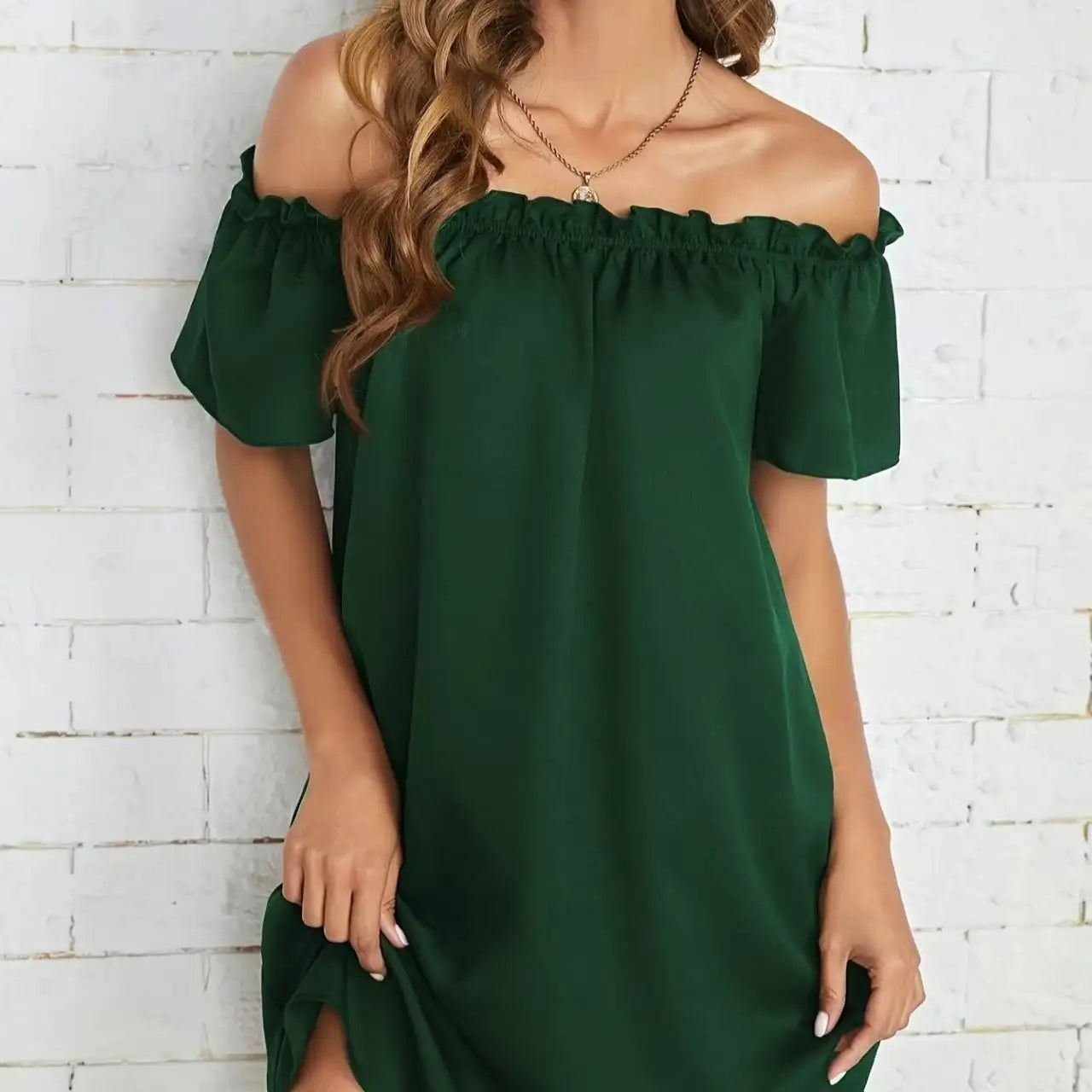 Women's Solid Color Off Shoulder Pleated Decorative Dress, One Shoulder Casual Dress