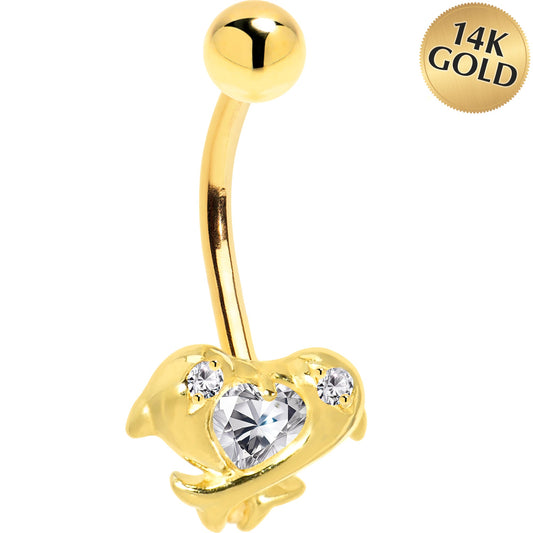 16G Solid 14k Yellow Gold Cubic Zirconia Dolphin Kiss Belly Ring