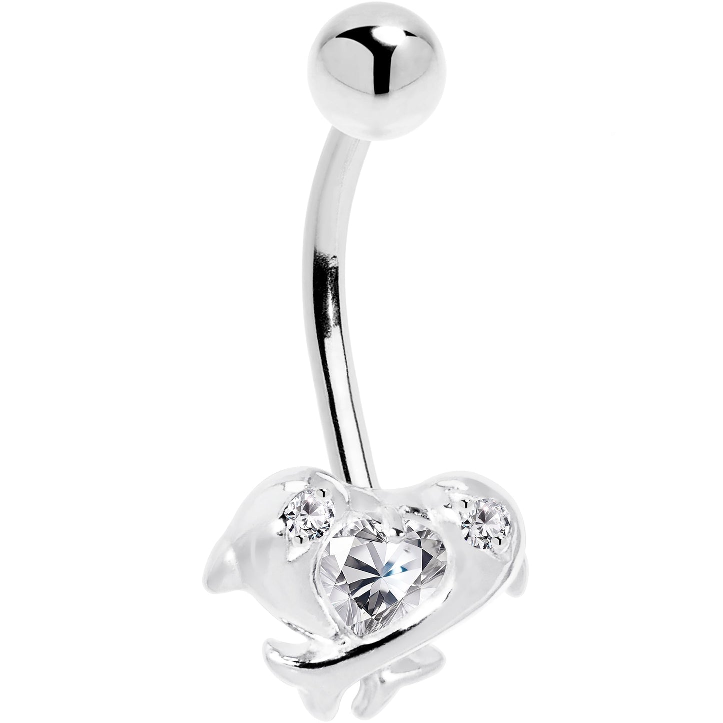 16G Solid 14k White Gold Cubic Zirconia Dolphin Kiss Belly Ring