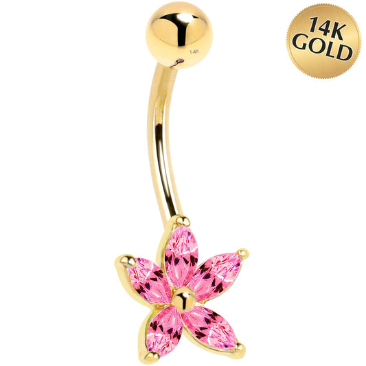 16G Solid 14k Yellow Gold Pink Cubic Zirconia Lily Belly Ring