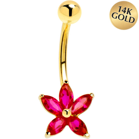 16G Solid 14k Yellow Gold Ruby Cubic Zirconia Lily Belly Ring