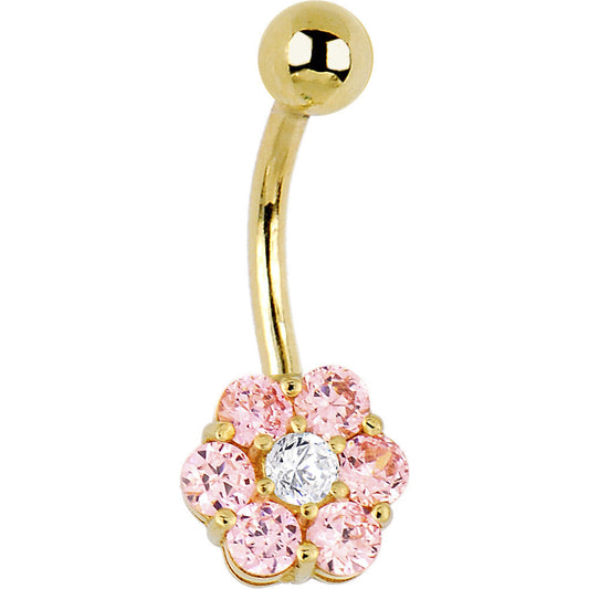 16G Solid 14k Yellow Gold Pink Cubic Zirconia Flower Belly Ring