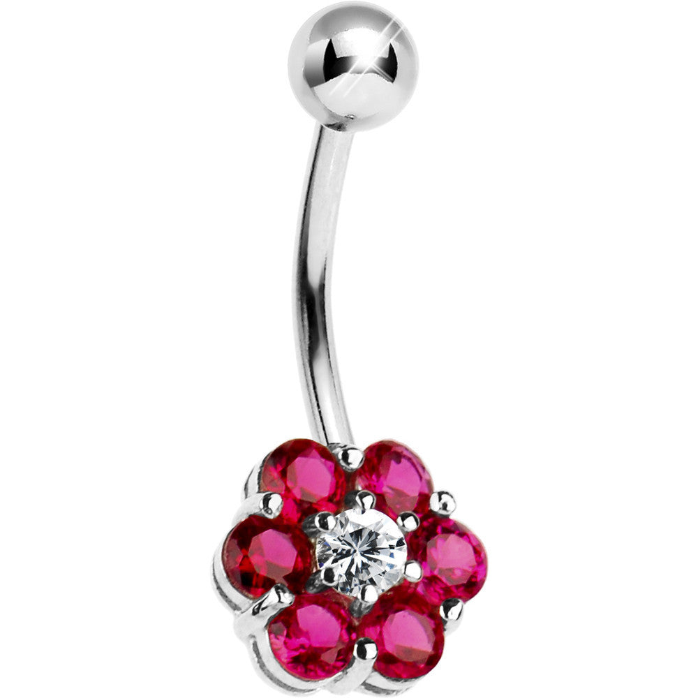 Solid 14k White Gold Ruby Cubic Zirconia Flower Belly Ring-16G