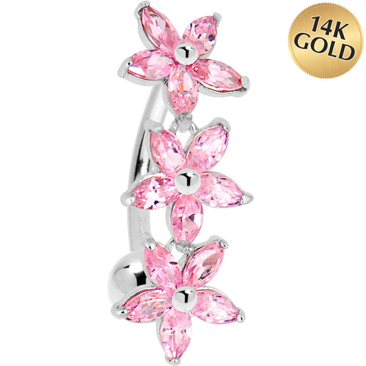 16G Solid 14k White Gold Pink Reverse Cubic Zirconia Lily Drop Belly Ring