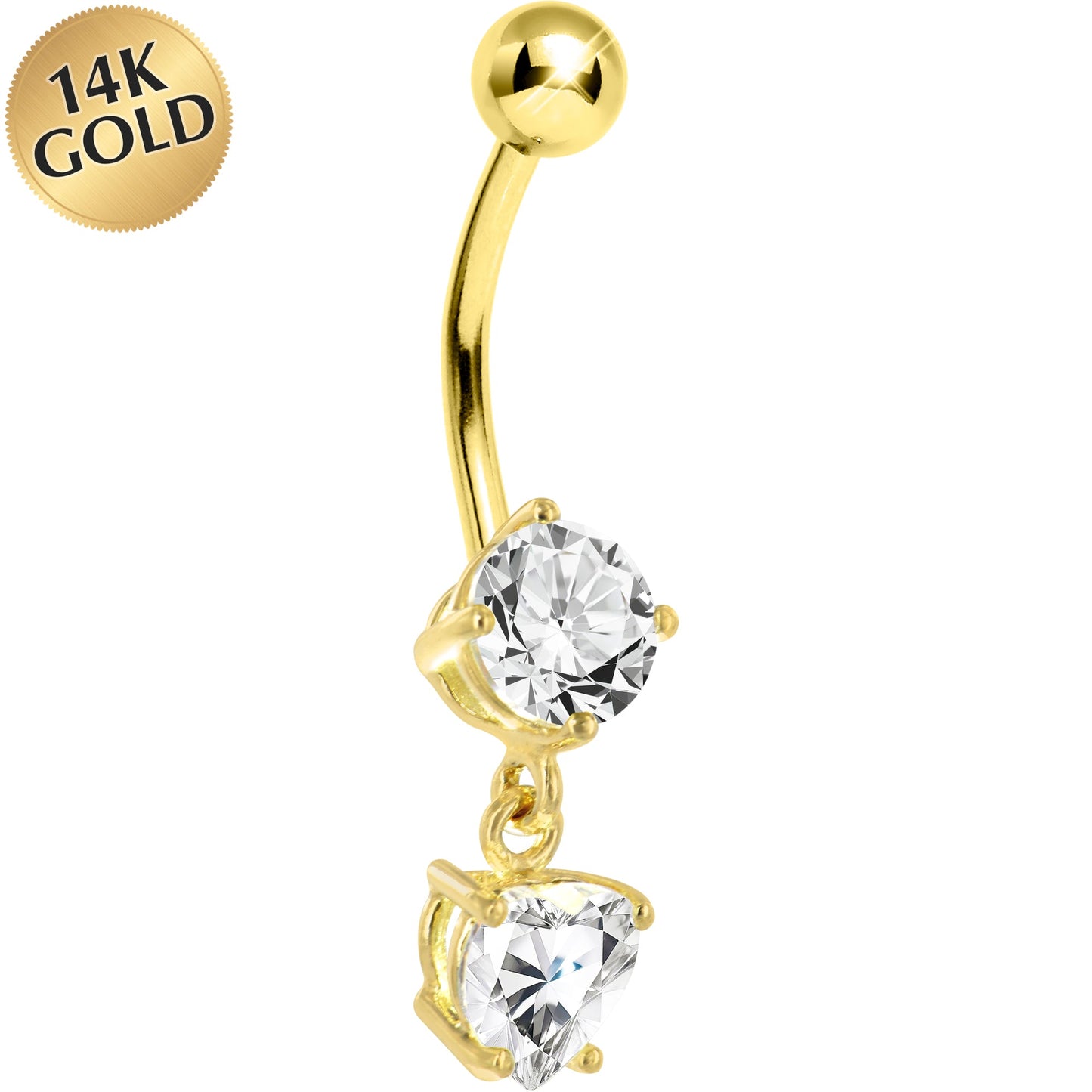 16G Solid 14k Yellow Gold Cubic Zirconia Solitaire Round Heart Dangle Belly Ring