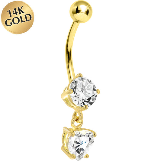16G Solid 14k Yellow Gold Cubic Zirconia Solitaire Round Heart Dangle Belly Ring