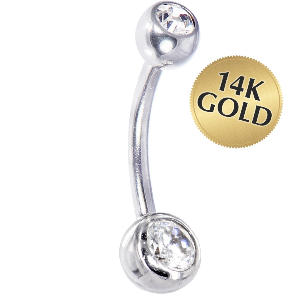 16G Solid 14k White Gold Cubic Zirconia Double Gem Belly Ring