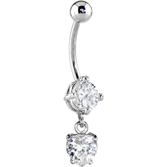 16G Solid 14k White Gold Cubic Zirconia Solitaire Round Heart Dangle Belly Ring