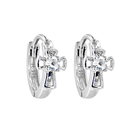 Sterling Silver Cubic Zirconia CROSS Huggy Hoop Earrings