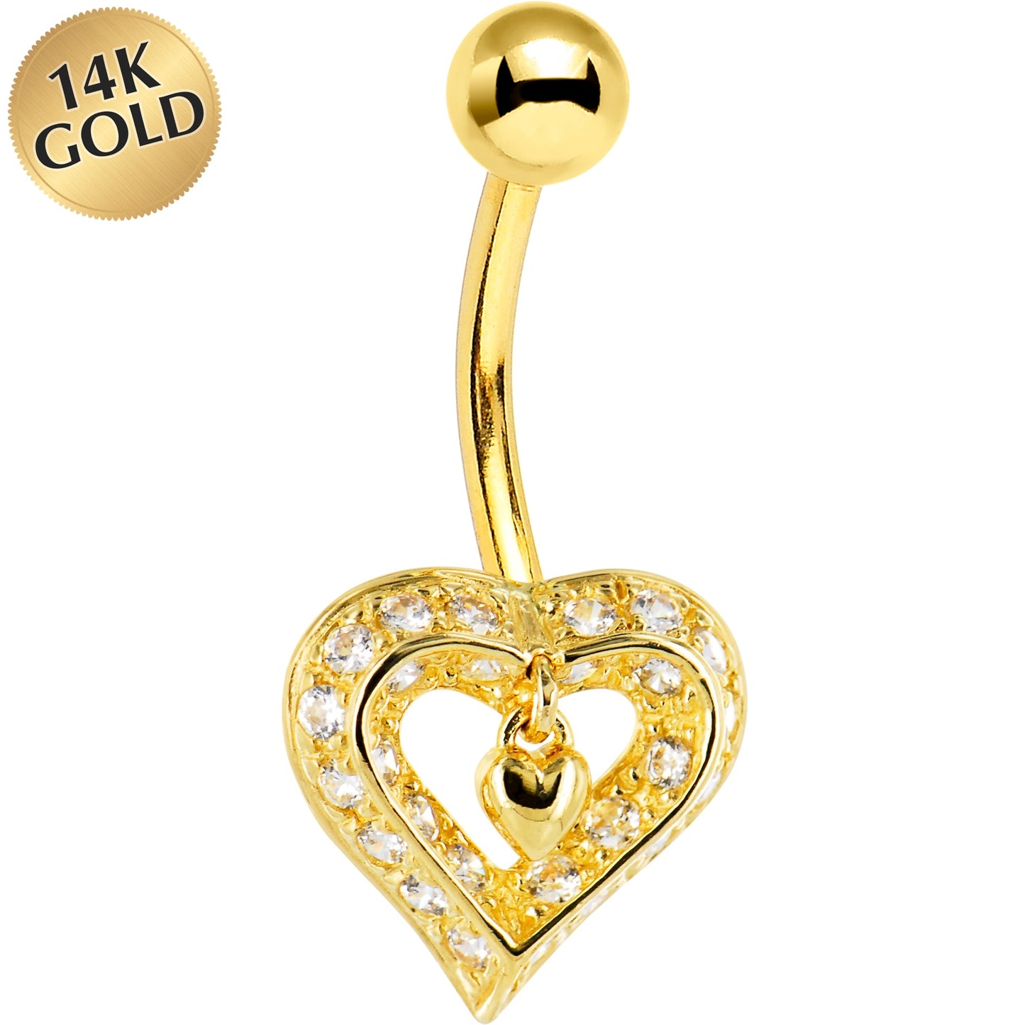 16G Solid 14K Yellow Gold Cubic Zirconia CHARMING HEART Belly Ring