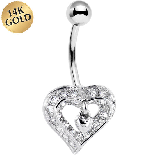 16G Solid 14K White Gold Cubic Zirconia CHARMING HEART Belly Ring