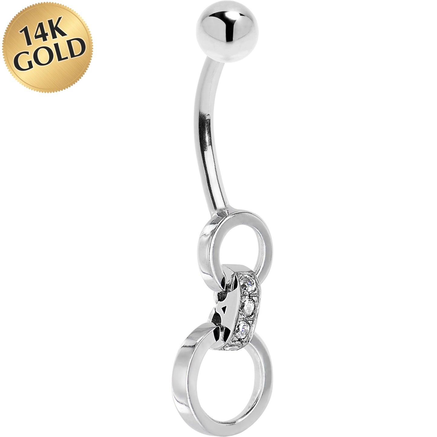 16G Solid 14K White Gold Circular Cubic Zirconia Hoop Dangle Belly Ring