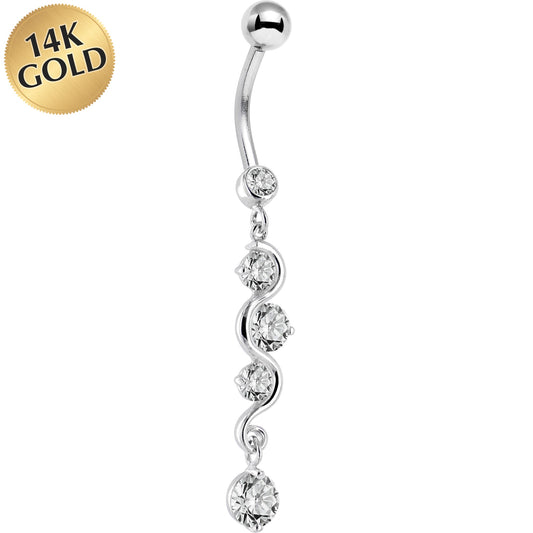 16G Solid 14K White Gold Scroll Delight Cubic Zirconia Belly Ring