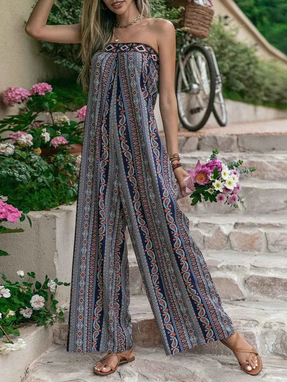 Tied Printed Tube : Wide Leg Jumpsuit