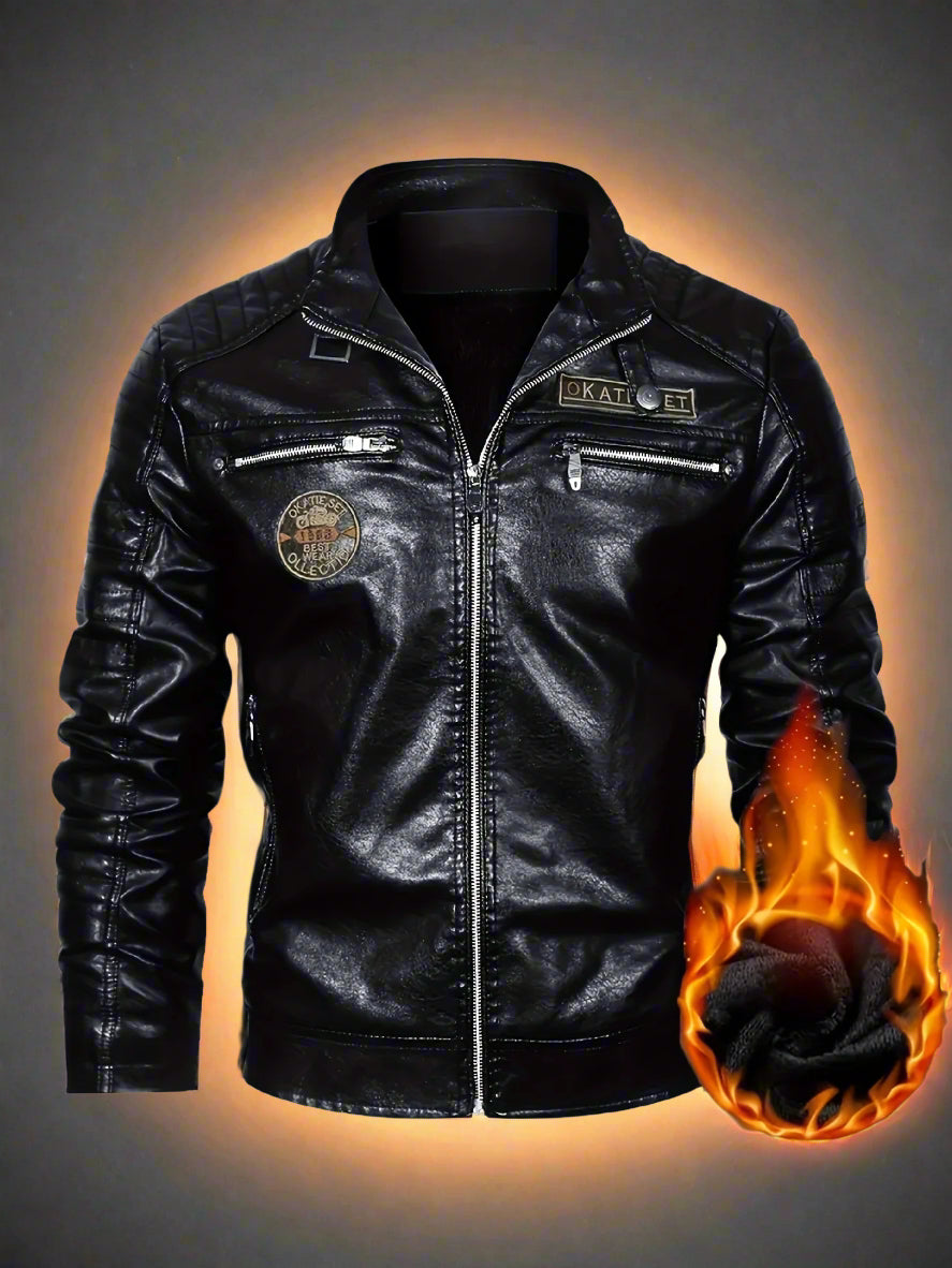 Men's Retro Style Down Motorcycle Jacket – Fall/Winter PU Leather, Fleece Lining, Zippered Pockets & Stand Collar, Chic Biker Jacket for Outdoor Adventures" - Premium jacket from Lizard Vigilante - Just $37.99! Shop now at Lizard Vigilante