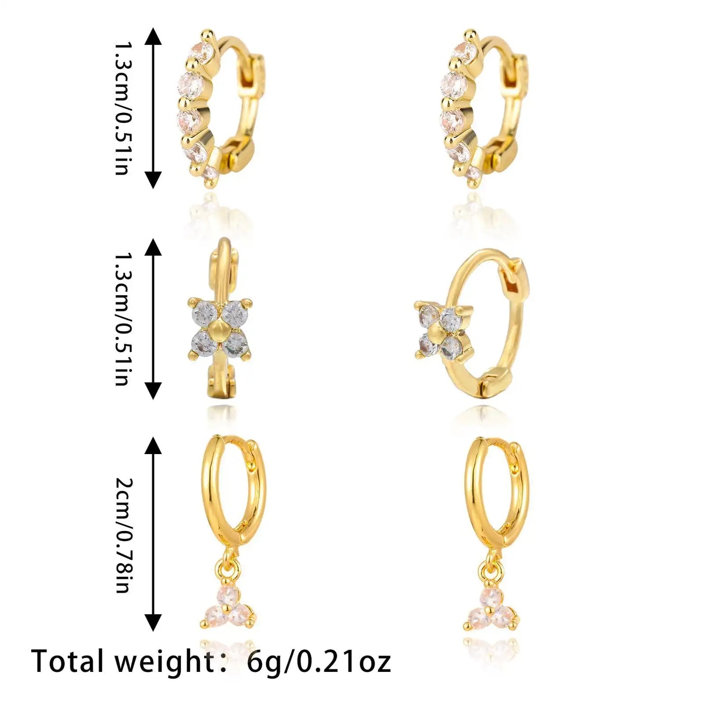 Brass Real Gold Plating Inlaid Zircon Geometric Flower Three-piece Set