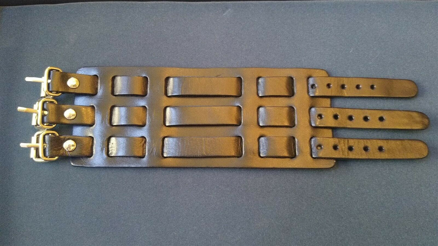 Black Leather Cuff Bracelet - 3 inches Wide with 3 Buckles. Be a Rockstar! ~New~