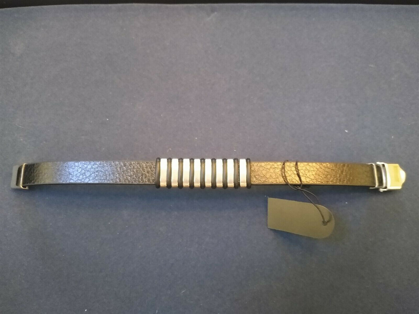 Black PU Leather / Steel Bracelet with Eight Silver Bands. Be a Rockstar! ~New~