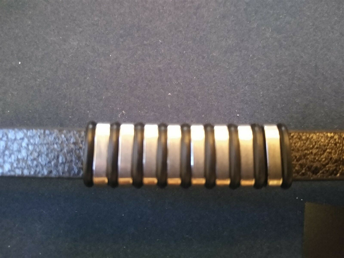 Black PU Leather / Steel Bracelet with Eight Silver Bands. Be a Rockstar! ~New~