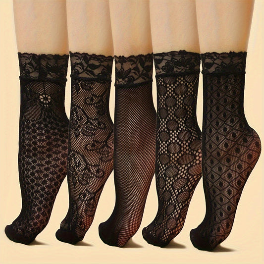 5 Pairs Fashion Thin Floral Lace Socks, Comfy & Breathable Short Socks, Women's Stockings & Hosiery