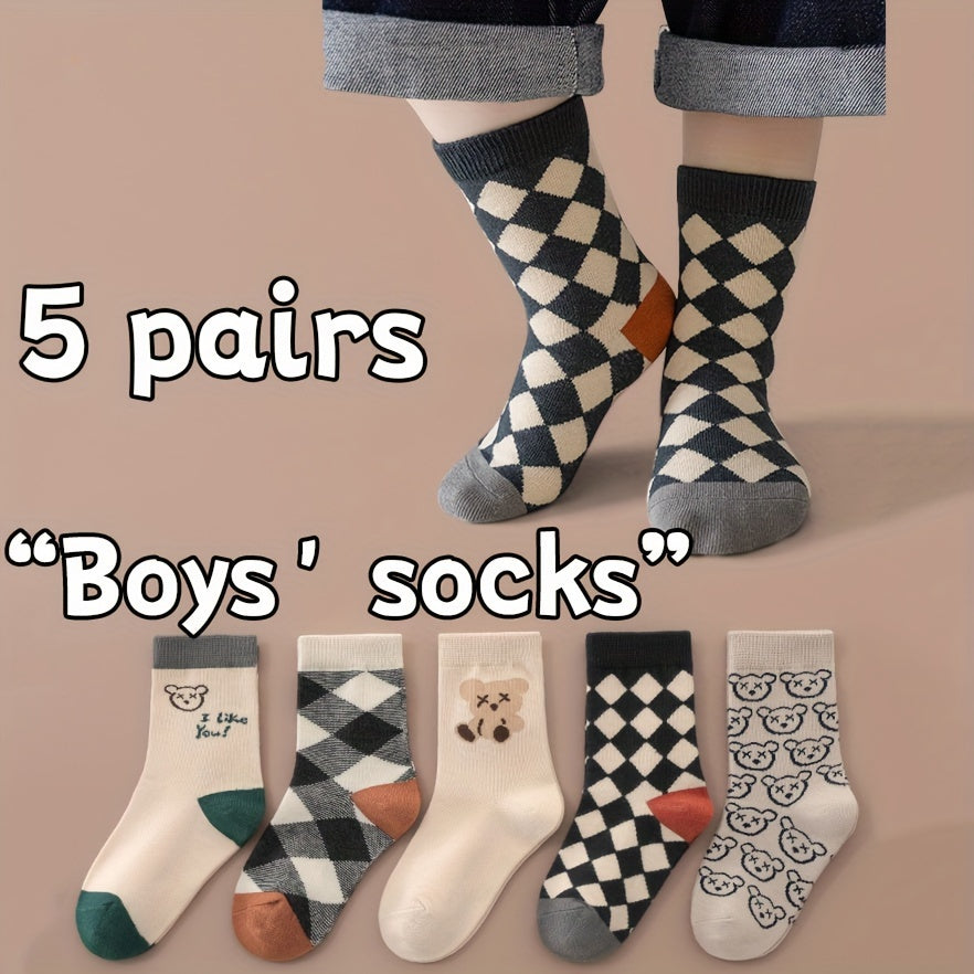 5 Pairs of Vibrant Cartoon Checkered Crew Socks for Boys - Calf Socks with Breathable, Comfy, Casual Style for Unisex Kids, Perfect for Outdoor Play All Seasons, Soft, Gentle, and Durable