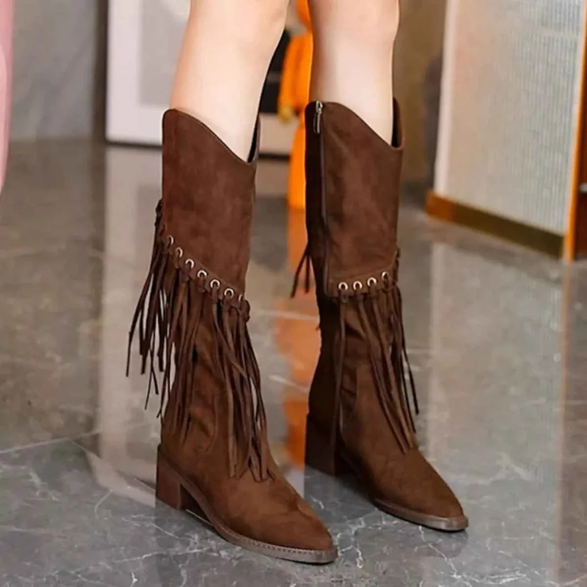 Fringed Point Toe Block : Heel Boots